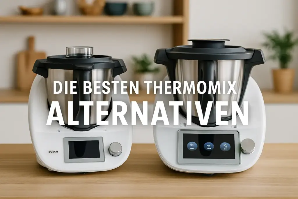 Zwei moderne Küchenmaschinen als Thermomix-Alternativen auf einem Küchentresen, bereit zum Kochen – ideal für den Vergleich 2025.