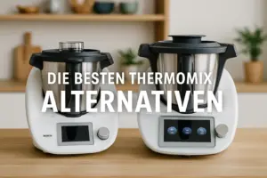Zwei moderne Küchenmaschinen als Thermomix-Alternativen auf einem Küchentresen, bereit zum Kochen – ideal für den Vergleich 2025.
