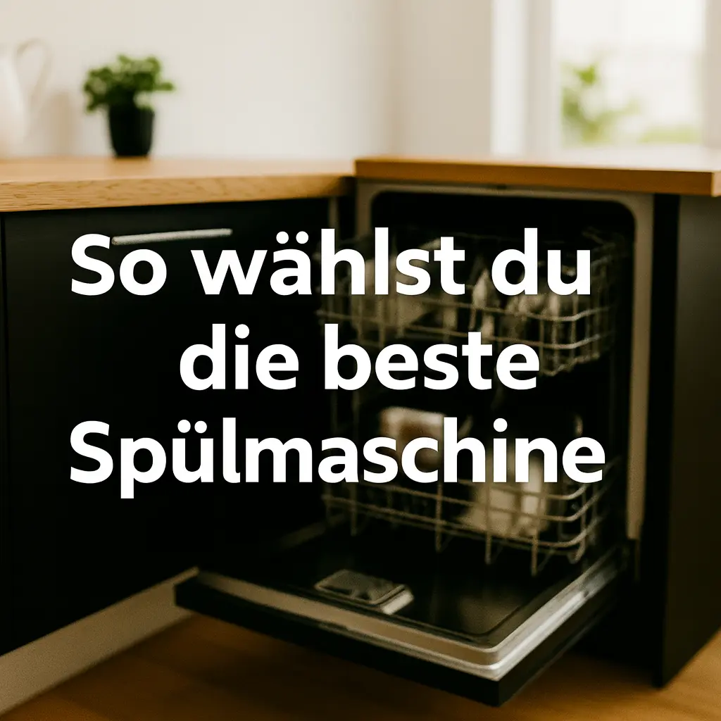 Offene Spülmaschine in moderner Küche mit sauberem Geschirr und Text - So wählst du die beste Spülmaschine