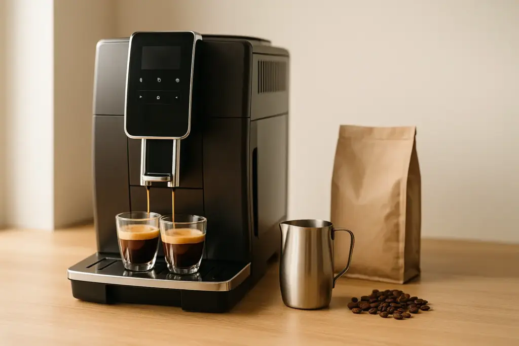 Beste Kaffeevollautomaten im Überblick: moderner Kaffeevollautomat brüht zwei Espressi, daneben Milchkanne für Cappuccino