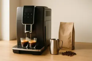 Beste Kaffeevollautomaten im Überblick: moderner Kaffeevollautomat brüht zwei Espressi, daneben Milchkanne für Cappuccino