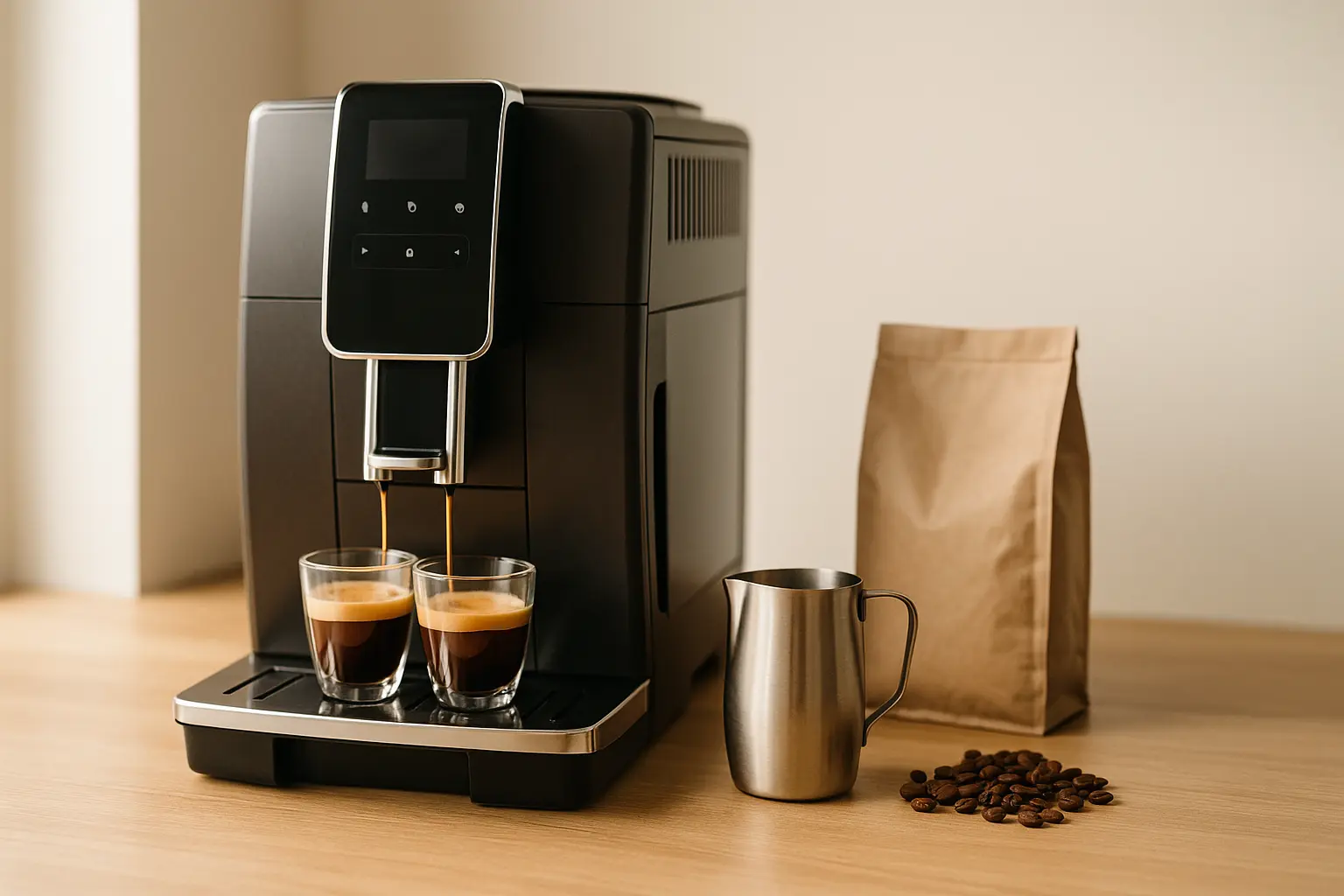 Beste Kaffeevollautomaten im Überblick: moderner Kaffeevollautomat brüht zwei Espressi, daneben Milchkanne für Cappuccino