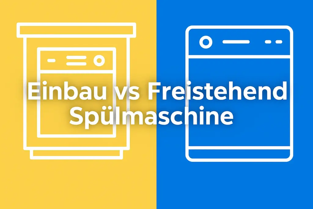 Vergleich einer Einbau-Spülmaschine und einer freistehenden Spülmaschine in moderner Küche mit Textoverlay Einbau vs Freistehend Spülmaschine