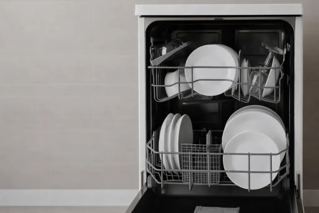 Freistehende Spülmaschine mit geöffneter Tür und eingeräumtem Geschirr als Artikelbild für einen Testvergleich