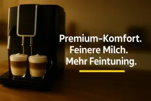 Kaffeevollautomat bis 1000 Euro im warmen Küchenlicht, zwei Cappuccini