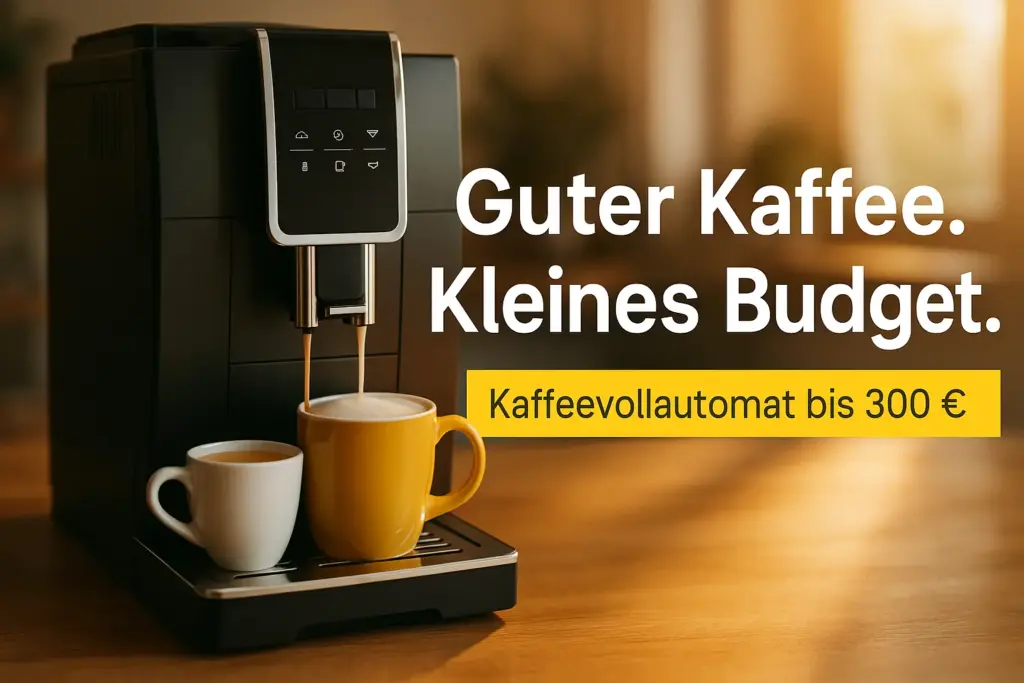 Kaffeevollautomat bis 300 Euro auf Küchenzeile, zwei Tassen Cappuccino im warmen Morgenlicht