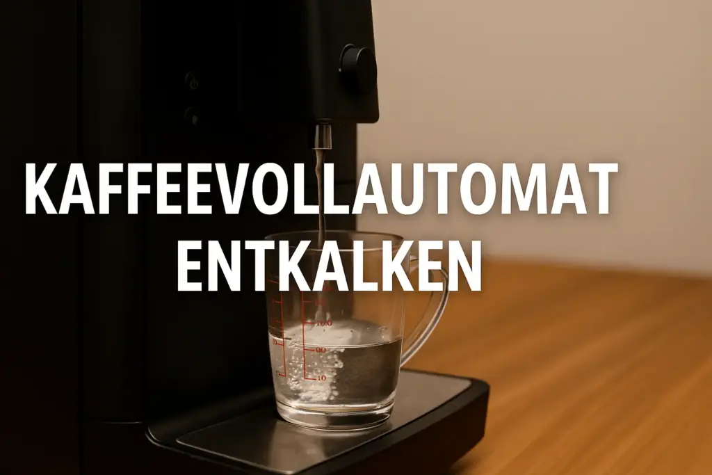 Nahaufnahme eines Kaffeevollautomaten beim Entkalken mit entnommenem Wassertank und sichtbarer Dampfdüse