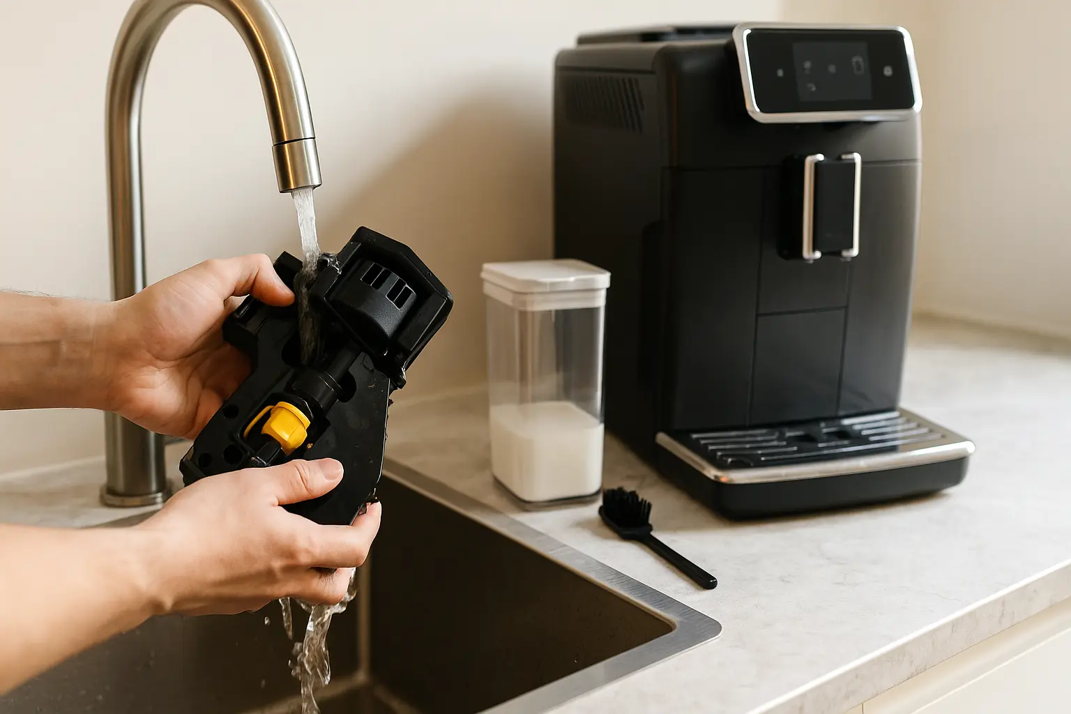 Moderner Kaffeevollautomat brüht Espresso, daneben Milchkanne – Einstellungen und Pflege im Überblick