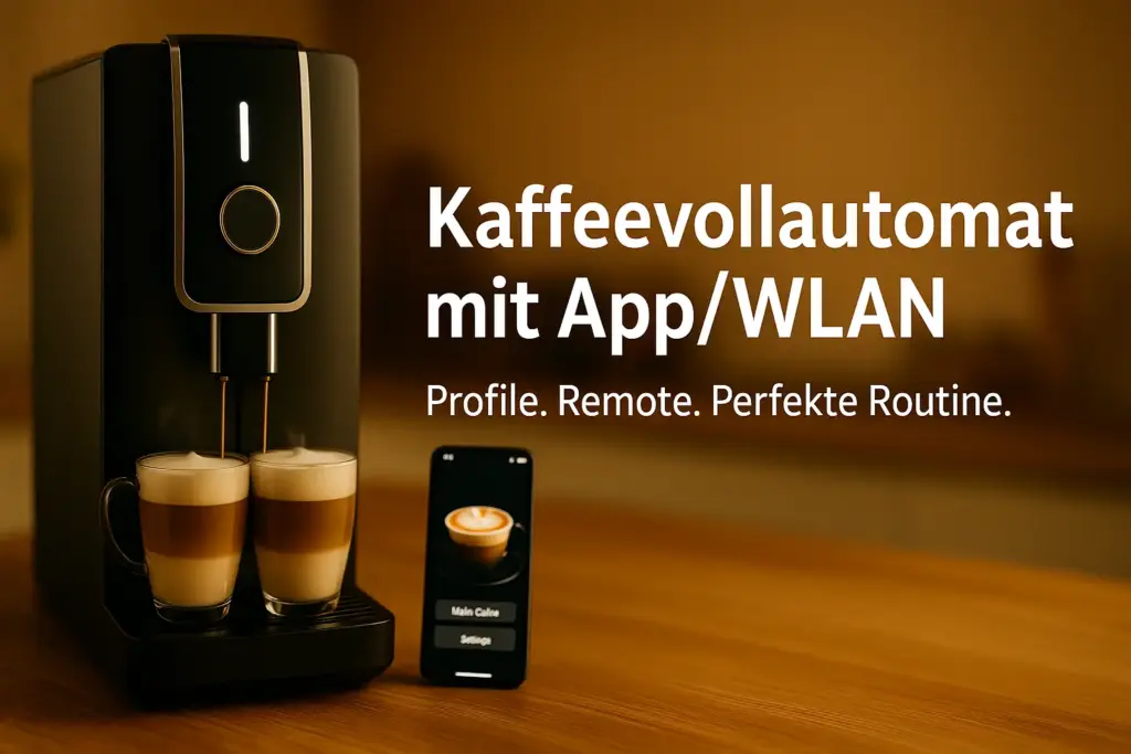 Kaffeevollautomat mit App/WLAN – modernes Gerät mit Handybildschirm, Fokus auf Profile und Favoriten