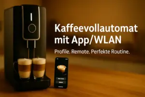 Kaffeevollautomat mit App/WLAN – modernes Gerät mit Handybildschirm, Fokus auf Profile und Favoriten
