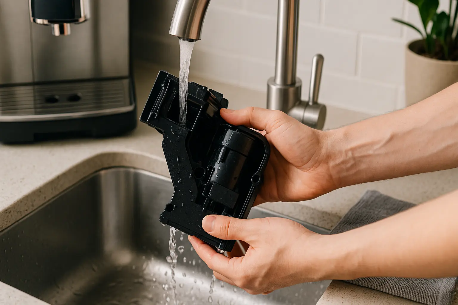 Herausnehmbare Brühgruppe unter fließendem Wasser reinigen – Pflege-Tipp für den Kaffeevollautomat