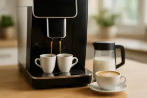 Kaffeevollautomat im Test & Vergleich: zwei frische Espressi, Milchkanne und Cappuccino auf Holzarbeitsplatte