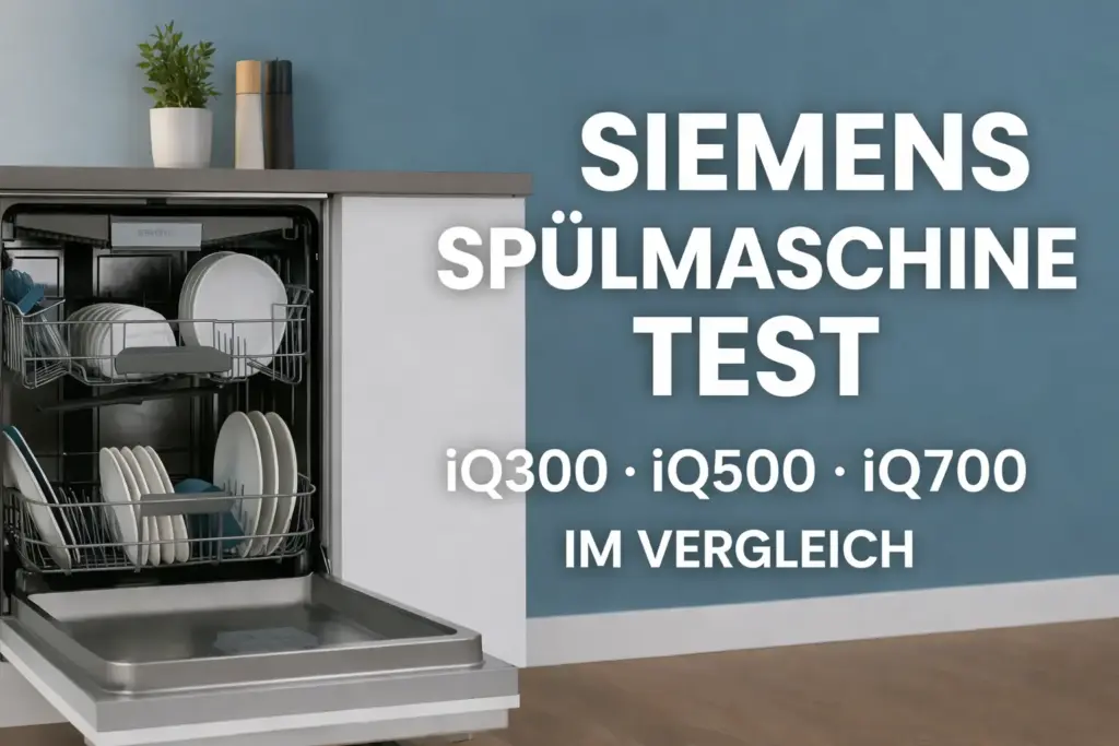 Geöffnete Siemens Spülmaschine in moderner Küche mit Aufschrift zum Vergleich von iQ300, iQ500 und iQ700