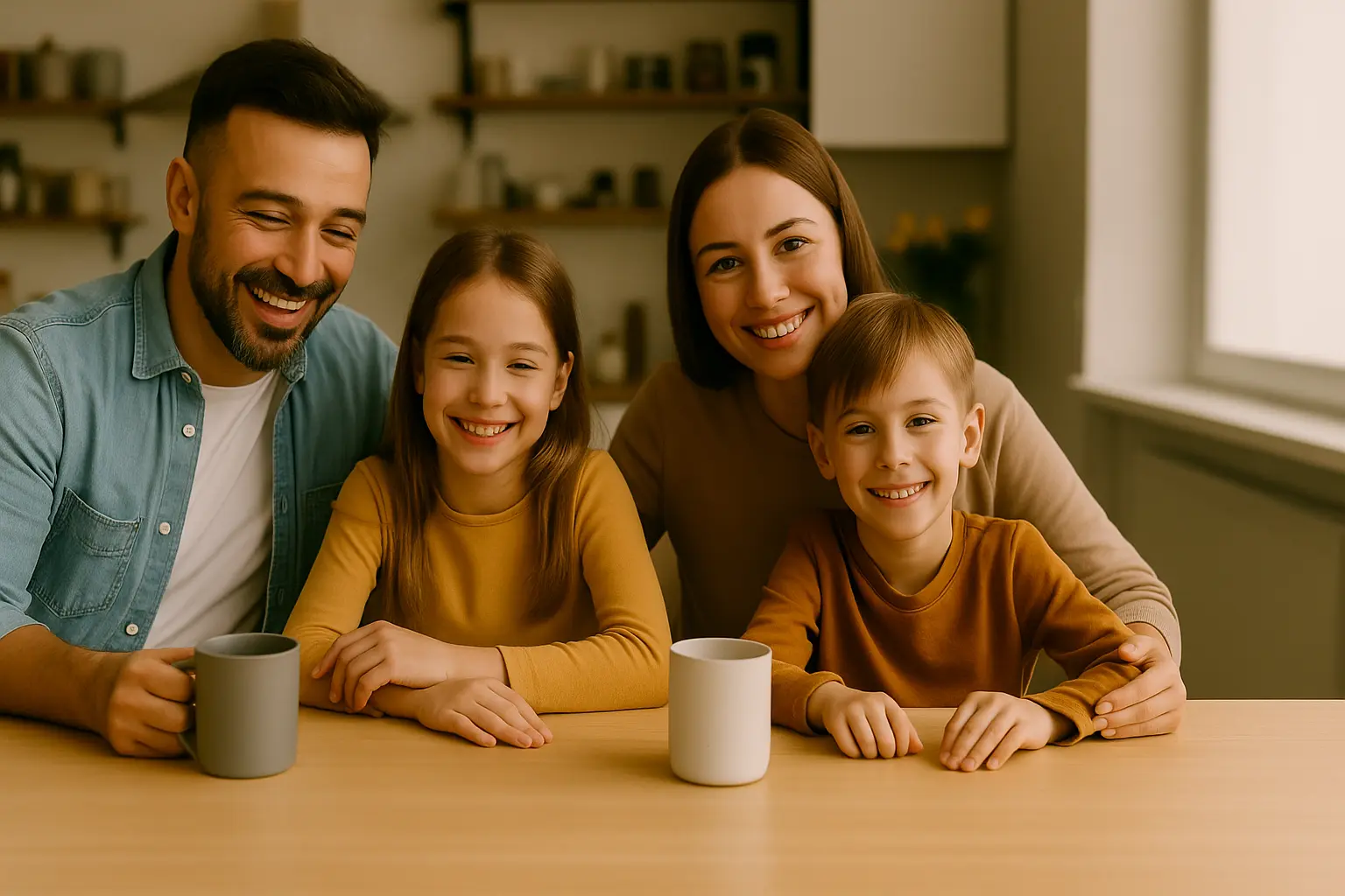 Familie mit zwei Kindern sitzt gemeinsam am Küchentisch – Symbolbild für Spülmaschine für Familien