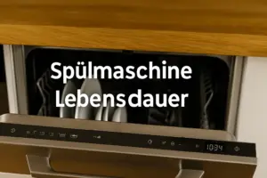 Offene Spülmaschine mit glänzendem Geschirr und Textoverlay Spülmaschine Lebensdauer