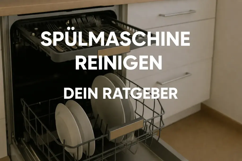 Geöffnete Spülmaschine in moderner Küche mit Aufschrift Spülmaschine reinigen – dein Ratgeber