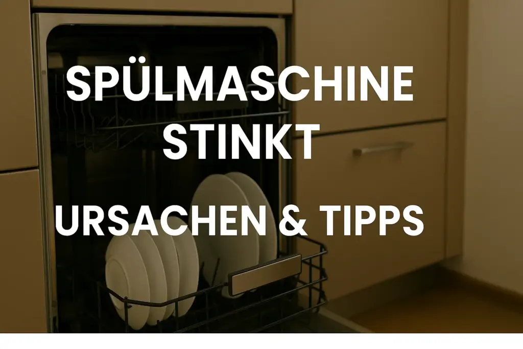 Moderne Küche mit dunklen Schränken und geöffneter Spülmaschine, daneben Zitronen und Natron als Symbol gegen Gerüche – Ratgeber 2025
