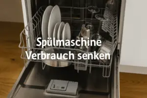 Geöffnete Spülmaschine mit Geschirr und Textoverlay Spülmaschine Verbrauch senken