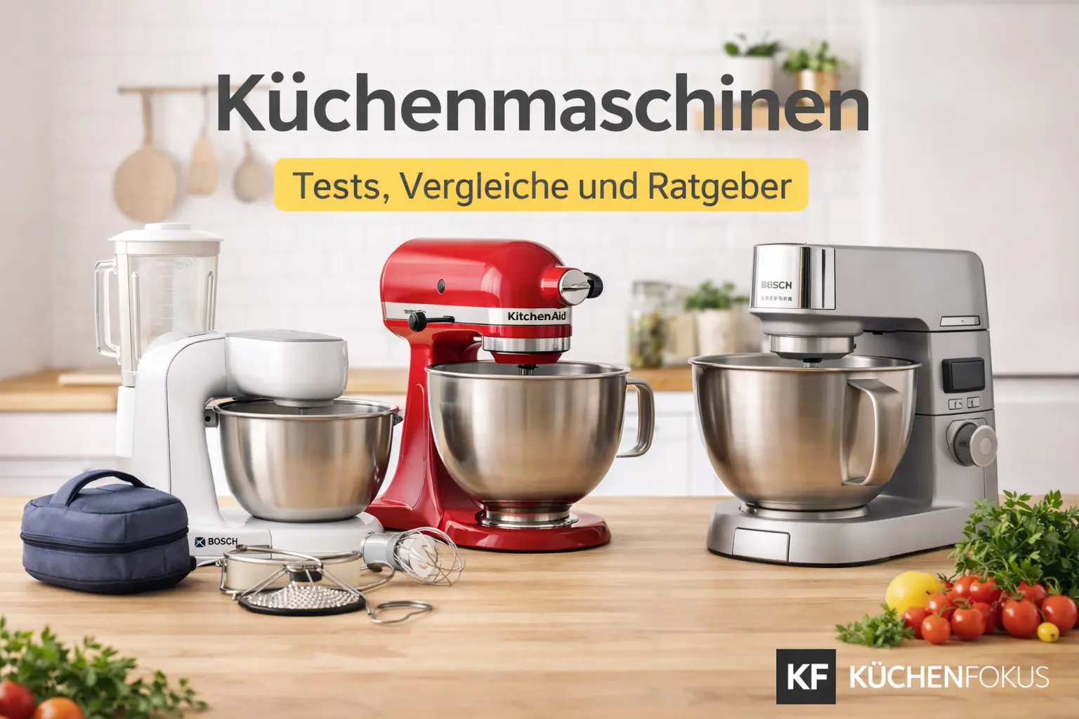 Drei Küchenmaschinen auf einer Arbeitsplatte in heller Küche als Beitragsbild für den Küchenmaschine-Hub mit Fokus auf Tests, Vergleiche und Ratgeber
