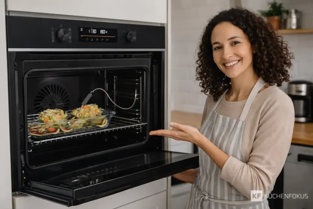 Sophie präsentiert den AEG TA5PB50WAB Backofen mit SteamBake in einer modernen hellen Küche