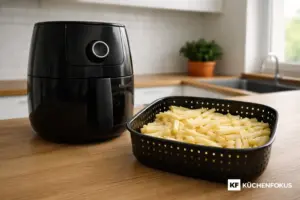 Schwarzer Airfryer mit hellem Pommeskorb auf Holzarbeitsplatte in moderner Küche, Artikelbild zum Thema warum der Airfryer nicht knusprig wird, mit Küchenfokus-Logo unten rechts