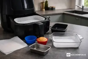 Schwarzer Airfryer mit Backpapiereinlage sowie Metallform, Glasform und Silikonförmchen auf dunkler Küchenarbeitsplatte, Artikelbild zum Thema was in den Airfryer darf, mit Küchenfokus-Logo unten rechts