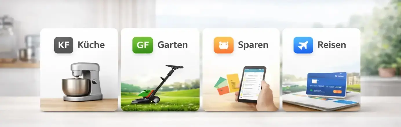 Breites Keyvisual auf der aldido Startseite mit Karten für Küche, Garten, Sparen und Reisen als Symbol für Orientierung, Vergleich und bessere Entscheidungen