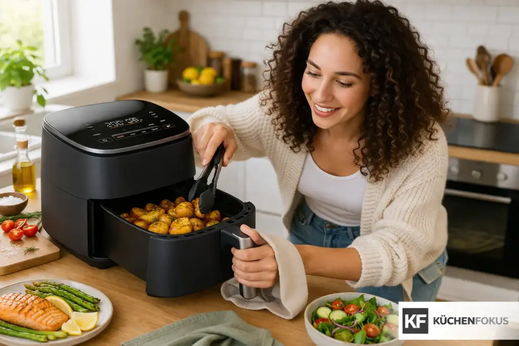 Frau testet die COSORI TurboBlaze 6L als Airfryer und Heißluftfritteuse in der Küche mit geöffnetem Garkorb