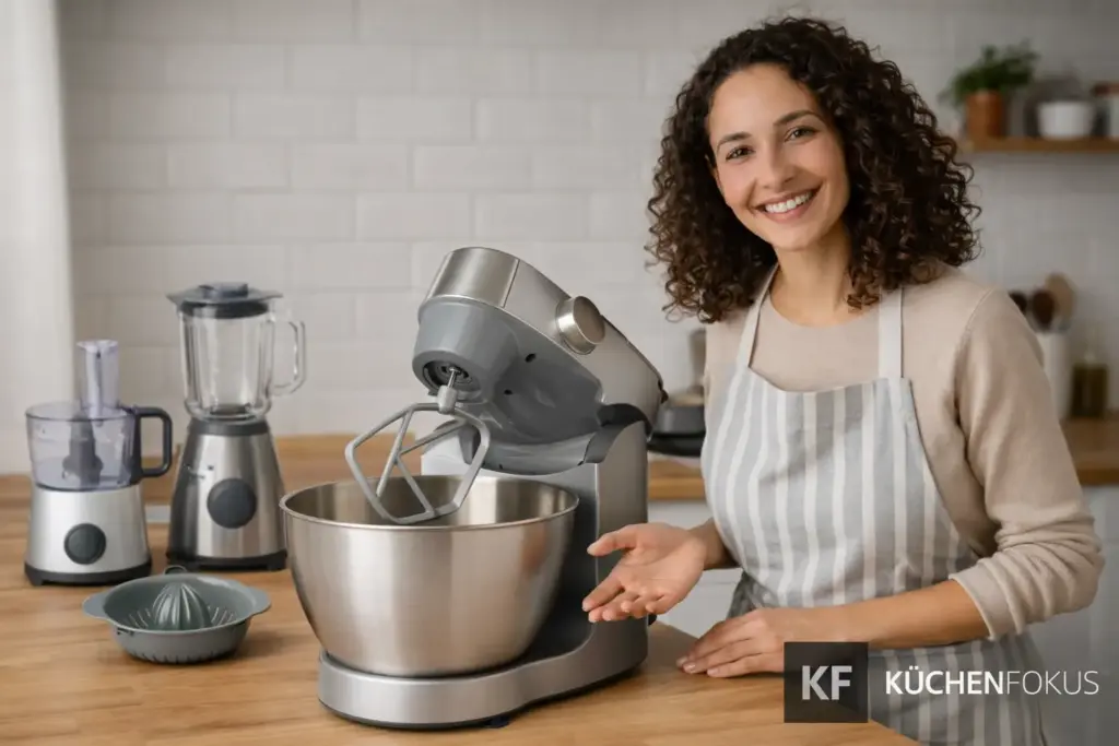 Kenwood Prospero+ Küchenmaschine mit Zubehör im Test, präsentiert von Sophie im Küchenstudio mit Küchenfokus-Logo