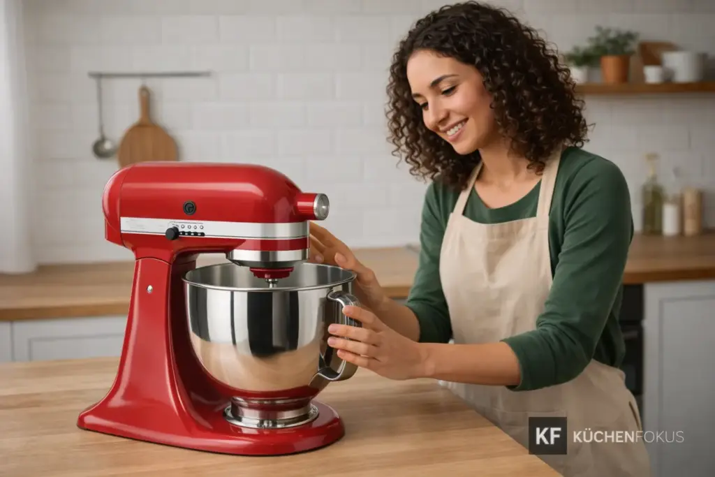 Rote Küchenmaschine im Artisan-Stil auf einer Kochinsel, präsentiert von Sophie im Küchenstudio mit Küchenfokus-Logo