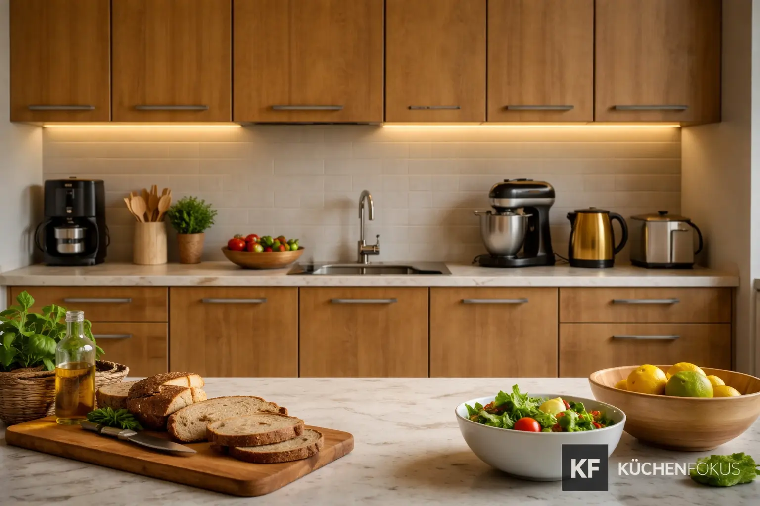 Helle moderne Küche mit Küchengeräten und Küchenzubehör als Bild für die übergeordnete Hubseite Küche