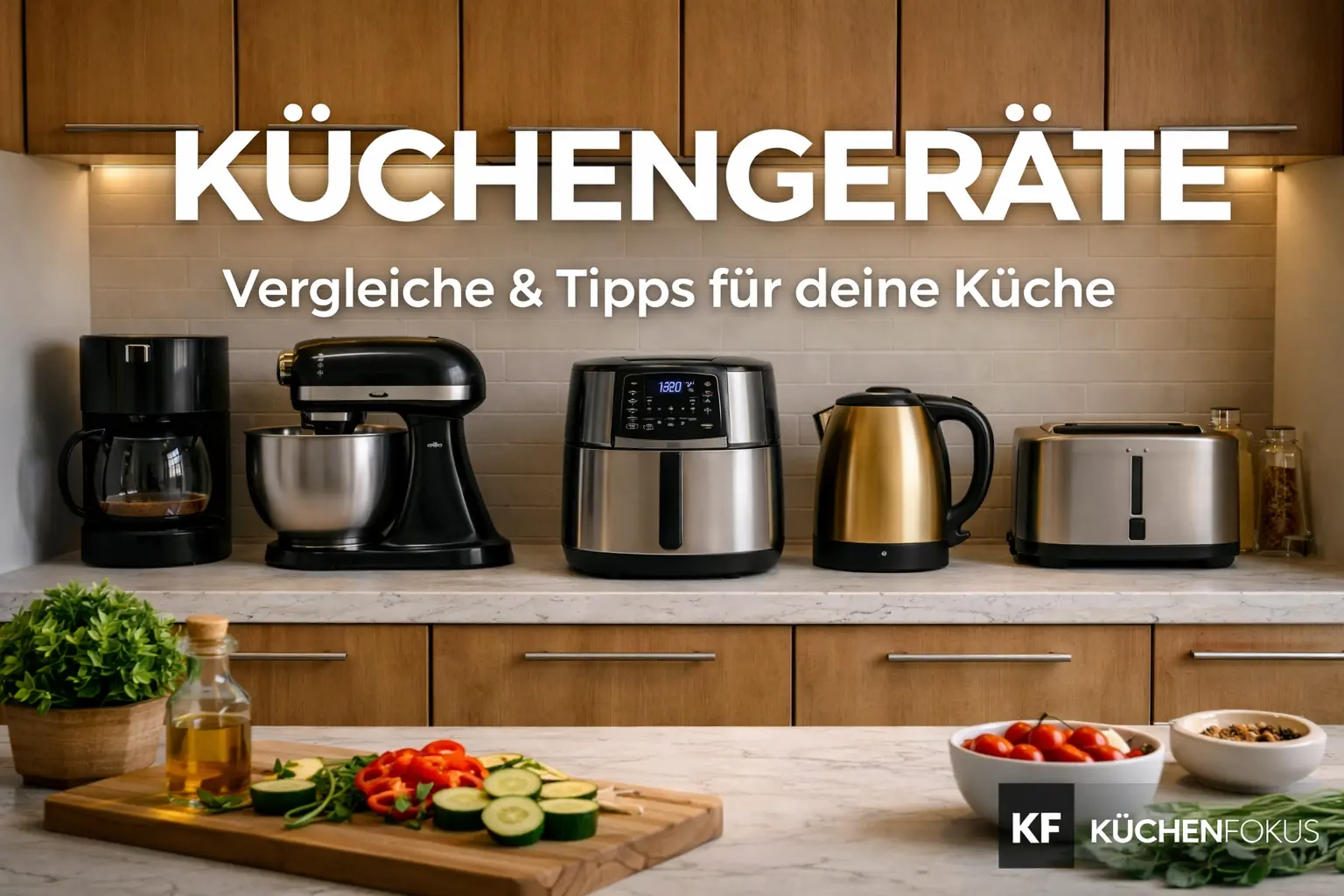 Moderne Küche mit verschiedenen Küchengeräten wie Kaffeemaschine, Küchenmaschine, Airfryer, Wasserkocher und Toaster als Bild für die Hubseite Küchengeräte