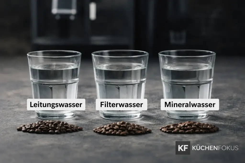 Drei Gläser mit Leitungswasser, Filterwasser und Mineralwasser für Kaffee im Vergleich, mit Küchenfokus-Logo unten rechts