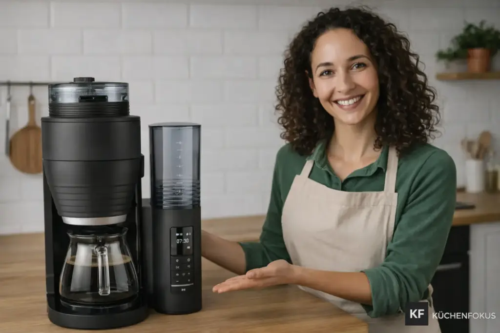 Sophie präsentiert die Melitta AromaFresh Pro X Filterkaffeemaschine mit Mahlwerk in einer hellen Küche für den Küchenfokus Testartikel