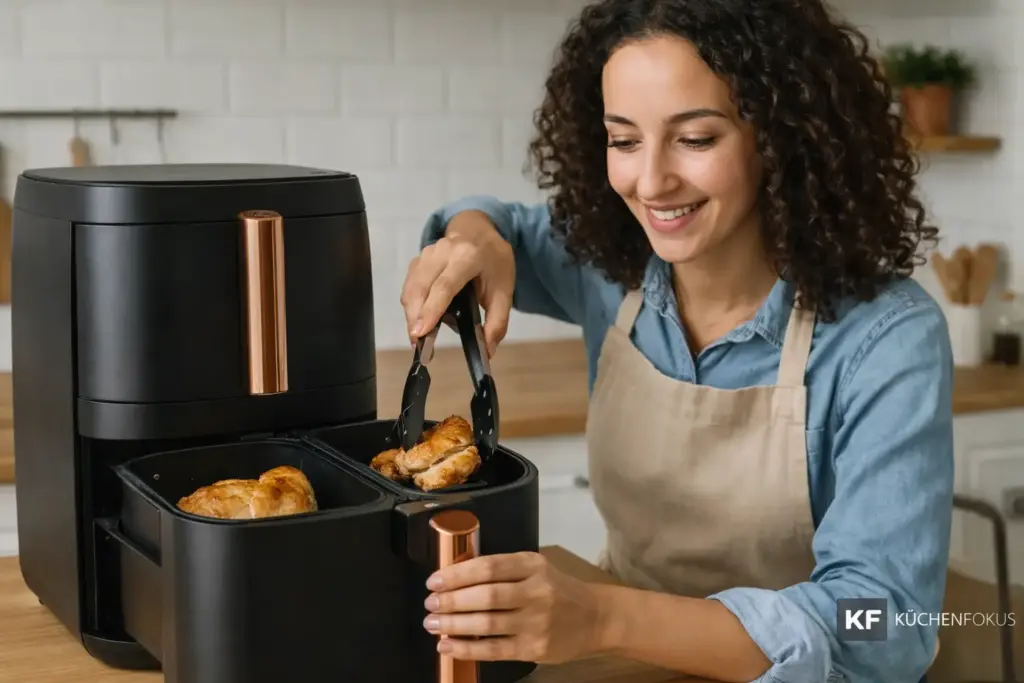 Sophie testet für Küchenfokus die Ninja Double Stack XL Heißluftfritteuse SL400EUCP in der Küche mit geöffneter Schublade