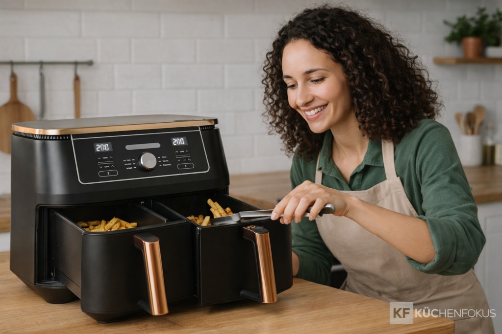 Frau testet die Ninja Foodi MAX Dual Zone Heißluftfritteuse AF400EUCP in einer modernen Küche mit geöffneter Dual-Zone-Schublade