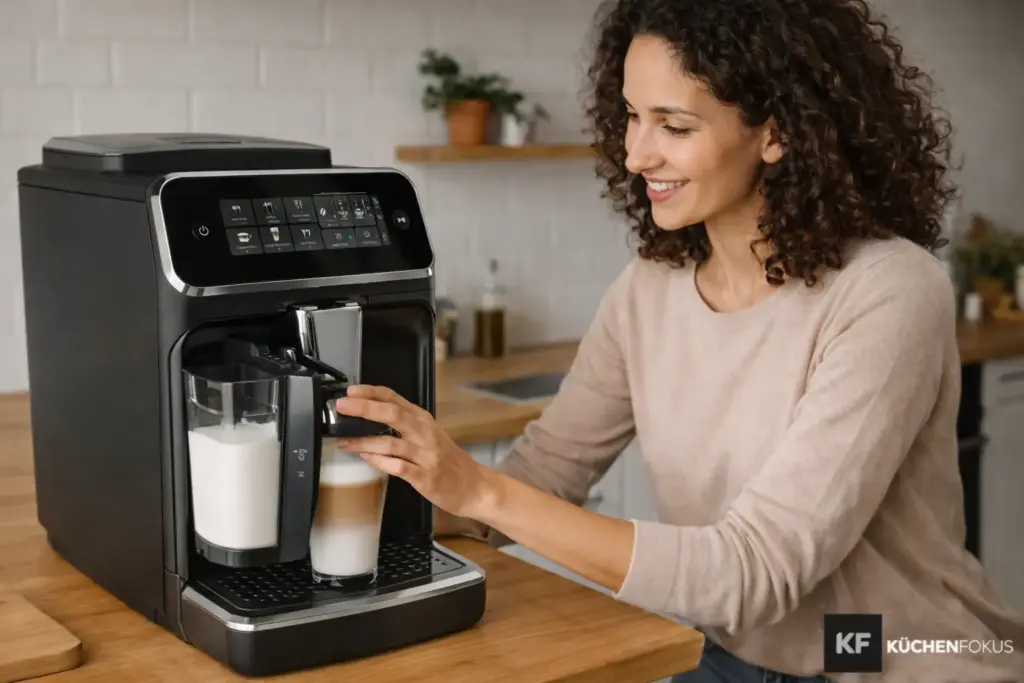 Sophie testet den Philips 3300 LatteGo Kaffeevollautomaten mit Milchsystem in einer hellen Küche für Küchenfokus
