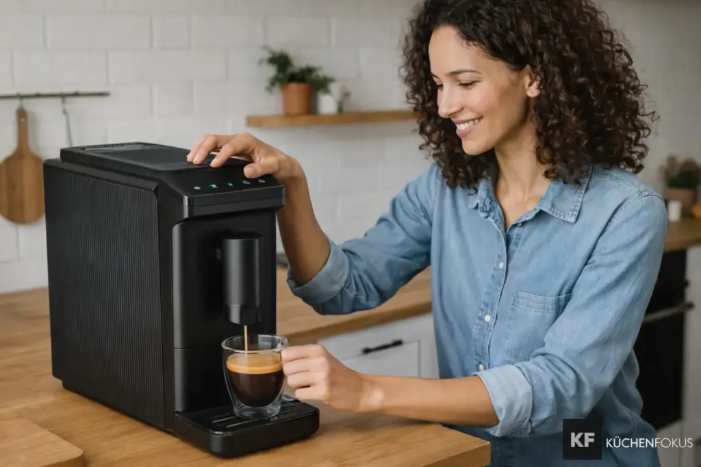 Sophie testet die Tchibo Esperto mini Kaffeevollautomat in einer hellen Küche für den Küchenfokus Testartikel