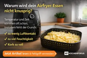 Schwarzer Airfryer auf einer Küchenarbeitsplatte neben einem Korb mit blassen Pommes, ergänzt durch Hinweistext zu typischen Ursachen für fehlende Knusprigkeit wie zu wenig Luftkontakt, zu viel Feuchtigkeit und ein zu voller Korb.