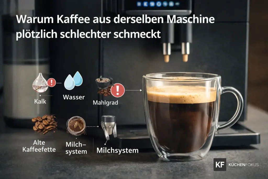 Warum Kaffee aus derselben Maschine plötzlich schlechter schmeckt: Kaffeemaschine mit Kaffeetasse und Hinweisen zu Kalk, Wasser, Mahlgrad, alten Kaffeefetten und Milchsystem