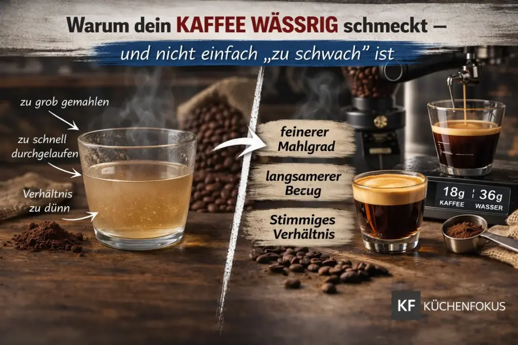 Infografik zu wässrigem Kaffee mit Vergleich von dünnem Kaffee und richtig extrahiertem Espresso, inklusive Küchenfokus-Logo unten rechts