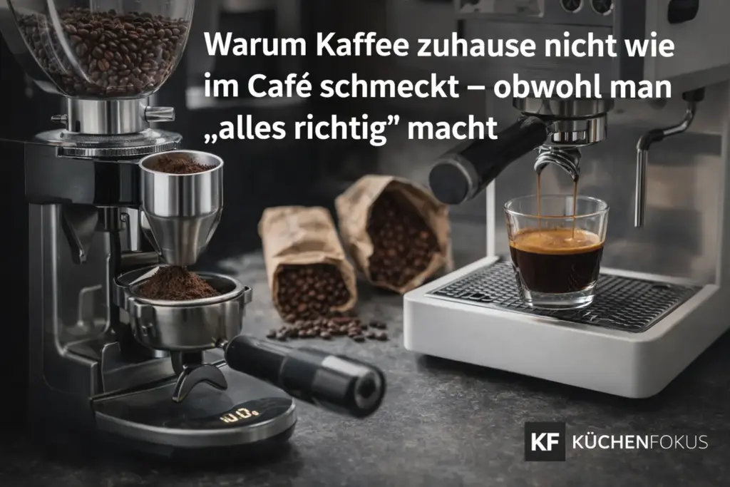 Kaffeemühle, Espressomaschine und frisch gebrühter Espresso in der Küche, mit Küchenfokus-Logo unten rechts