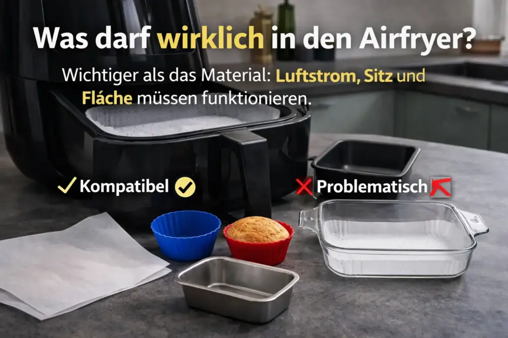Airfryer mit verschiedenen Einlagen und Formen auf einer Küchenarbeitsplatte, darunter Backpapier, Silikonförmchen, Metallform und Glasform, mit Text zur Frage, was wirklich in den Airfryer darf.