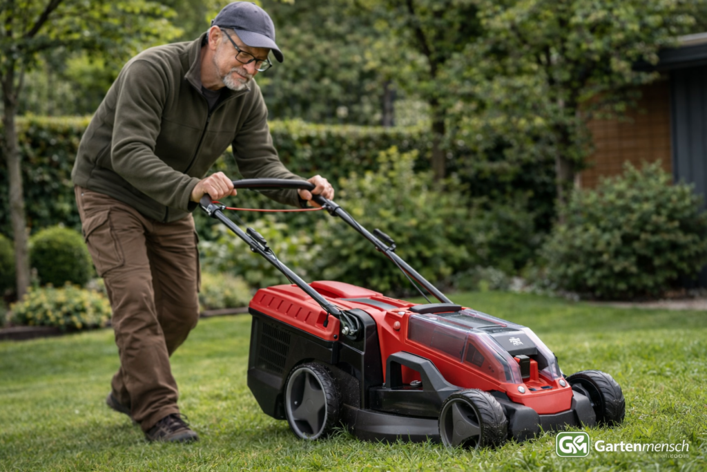 Tobias testet den Einhell GE-CM 36/36 Li Akku-Rasenmäher im Garten für Gartenmensch