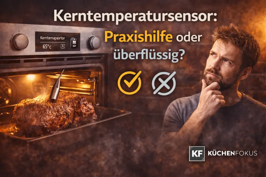 AEG TA5PB50WAB Backofen mit Kerntemperatursensor in einem Braten, nachdenklicher Person und der Aufschrift „Kerntemperatursensor: Praxishilfe oder überflüssig?“ sowie Küchenfokus Logo unten rechts.