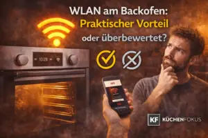 AEG TA5PB50WAB Backofen mit WLAN-Symbol, Smartphone mit App, nachdenklicher Person und der Aufschrift „WLAN am Backofen: Praktischer Vorteil oder überbewertet?“ sowie Küchenfokus Logo unten rechts.