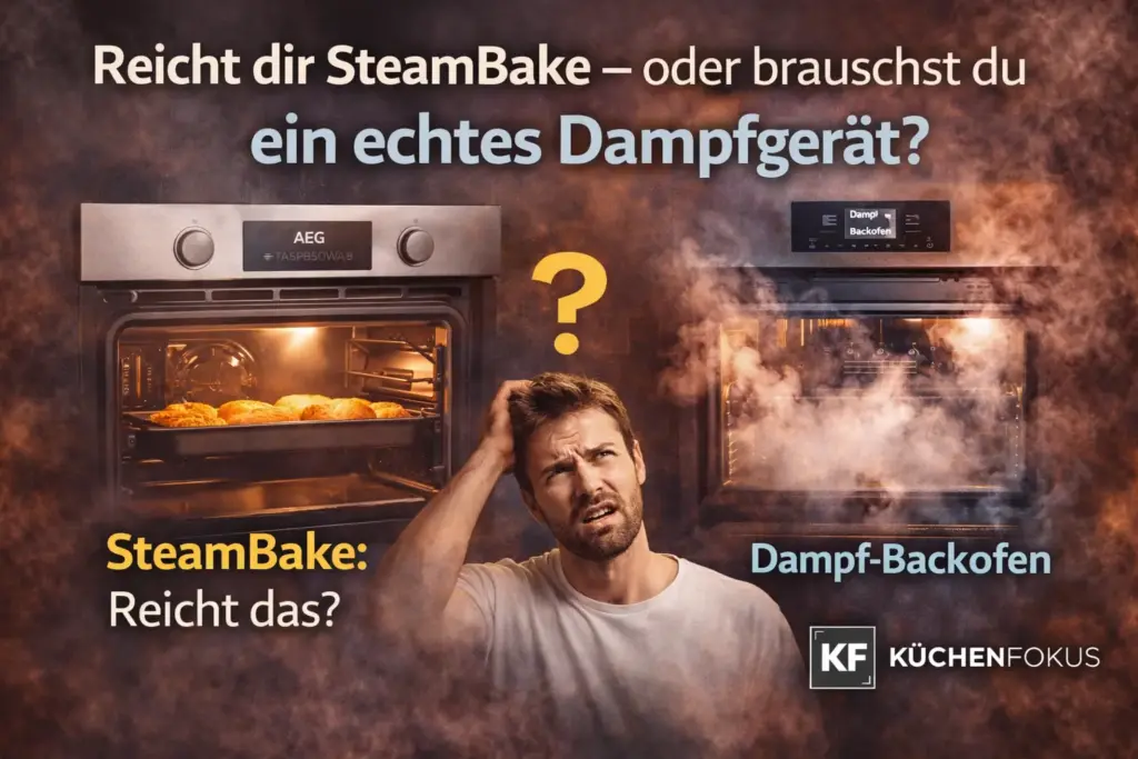 AEG TA5PB50WAB Backofen mit SteamBake im Vergleich zu einem Dampfbackofen, frischen Brötchen, nachdenklicher Person und der Aufschrift „Reicht dir SteamBake – oder brauchst du ein echtes Dampfgerät?“ sowie Küchenfokus Logo unten rechts.