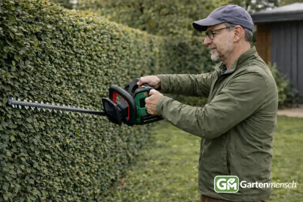 Tobias testet die Bosch AdvancedHedgeCut 36V-65-28 Akku-Heckenschere beim Schneiden einer Hecke im Garten.