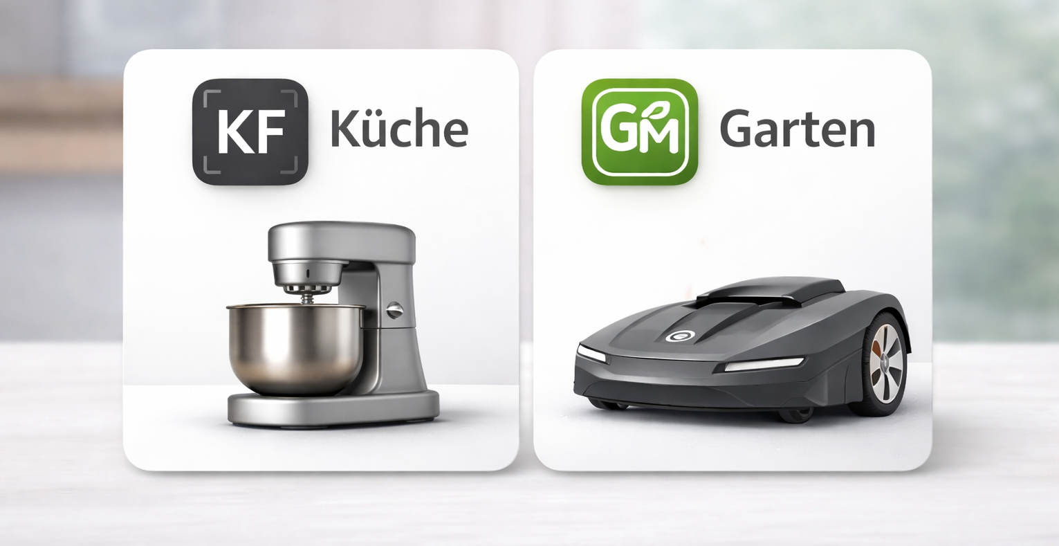 Banner von Aldido mit zwei quadratischen Themenkarten für Küche und Garten, inklusive Küchenmaschine und Mähroboter.