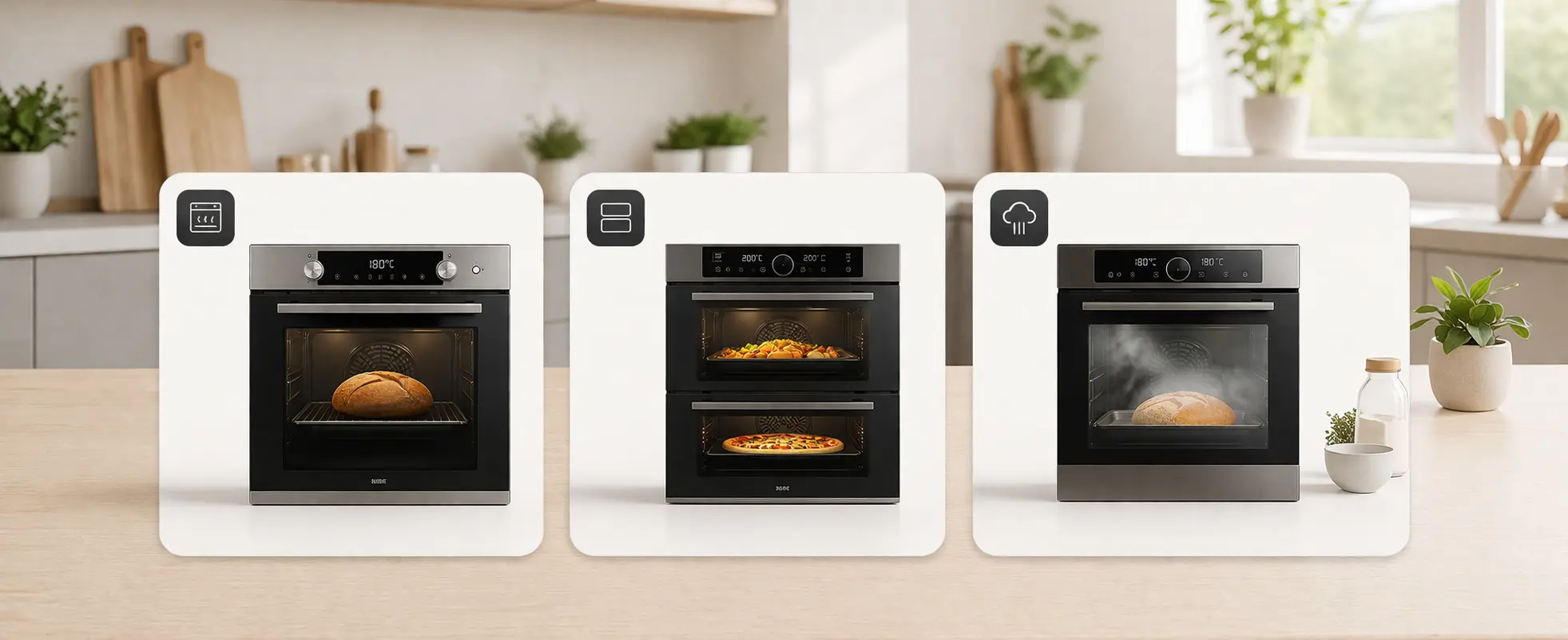 Verschiedene Einbaubacköfen mit Funktionen wie Umluft und Dampf als Bild für die Hubseite Backofen
